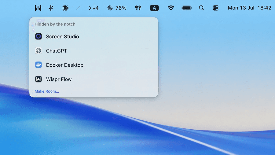 Pelmet's Shelf panel open below a MacBook menu bar. A +4 badge sits next to Pelmet's chevron, and the panel is headed “Hidden by the notch” with rows for Screen Studio, ChatGPT, Docker Desktop and Wispr Flow, plus a “Make Room…” link.